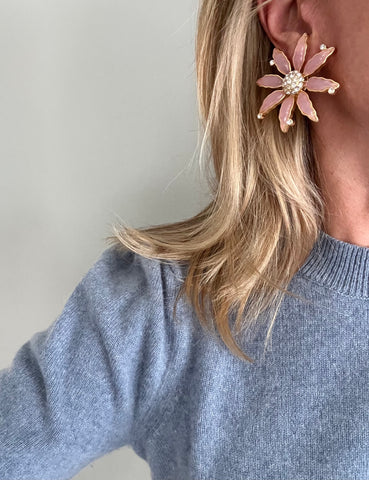 Large Light Pink Flower Clip On Earrings