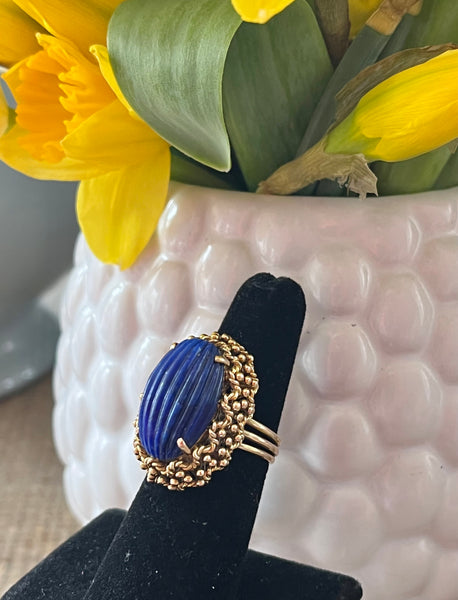 1970s 14K Gold & Carved Lapis Ring Size 6