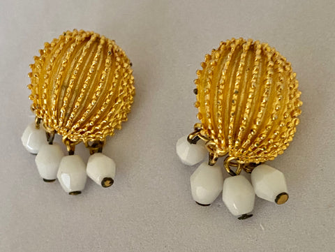 Trifari Clip On Earrings with White Beads