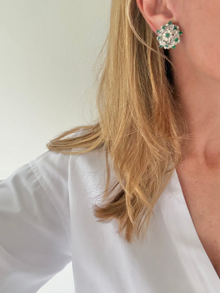 Vendome Rhinestone & Emerald Clip On Flower Earrings