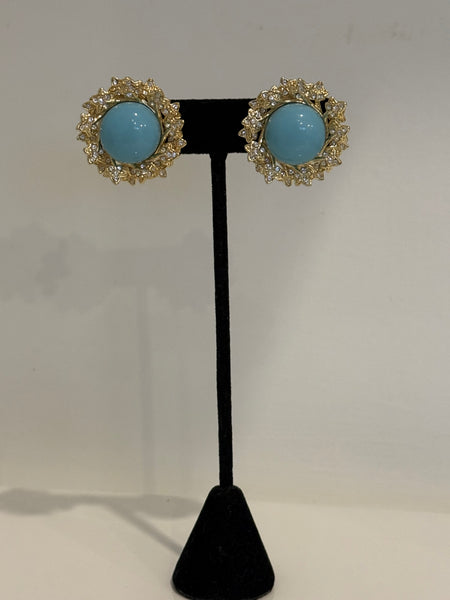 Contemporary Turquoise Lucite & Rhinestone Clip On Earrings