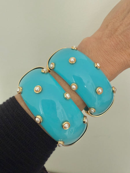 Pearl Cabochon & Turquoise Lucite Clamper Bracelet