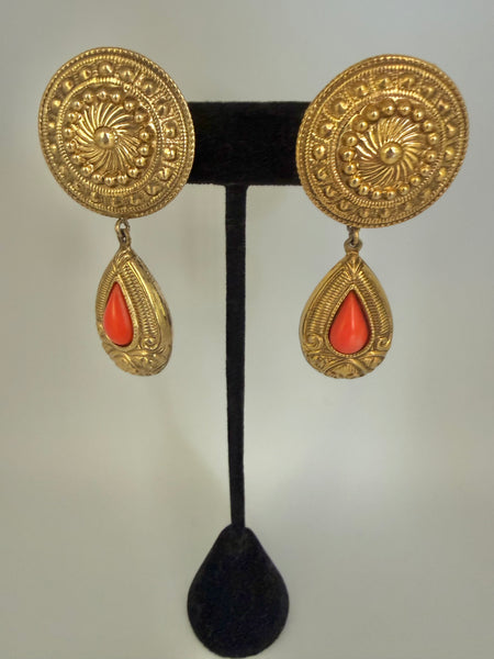 French Etruscan Clip On Earrings with Coral Drop