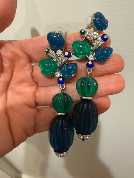 Blue & Green Carved Resin Post Dangle Earrings