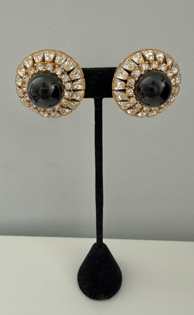 Ciner Large Onyx Glass and Rhinestone Clip on Earrings