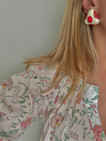 Enamel & Red Lucite Clip On Earrings