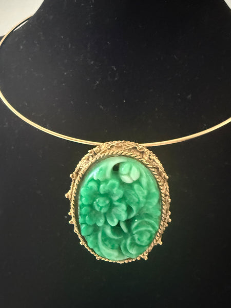 Green Carved Brooch with Bail on Choker Wire