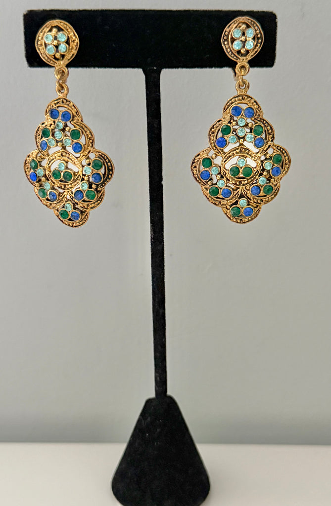 Hollycraft Blue & Green Dangle Clip On Earrings