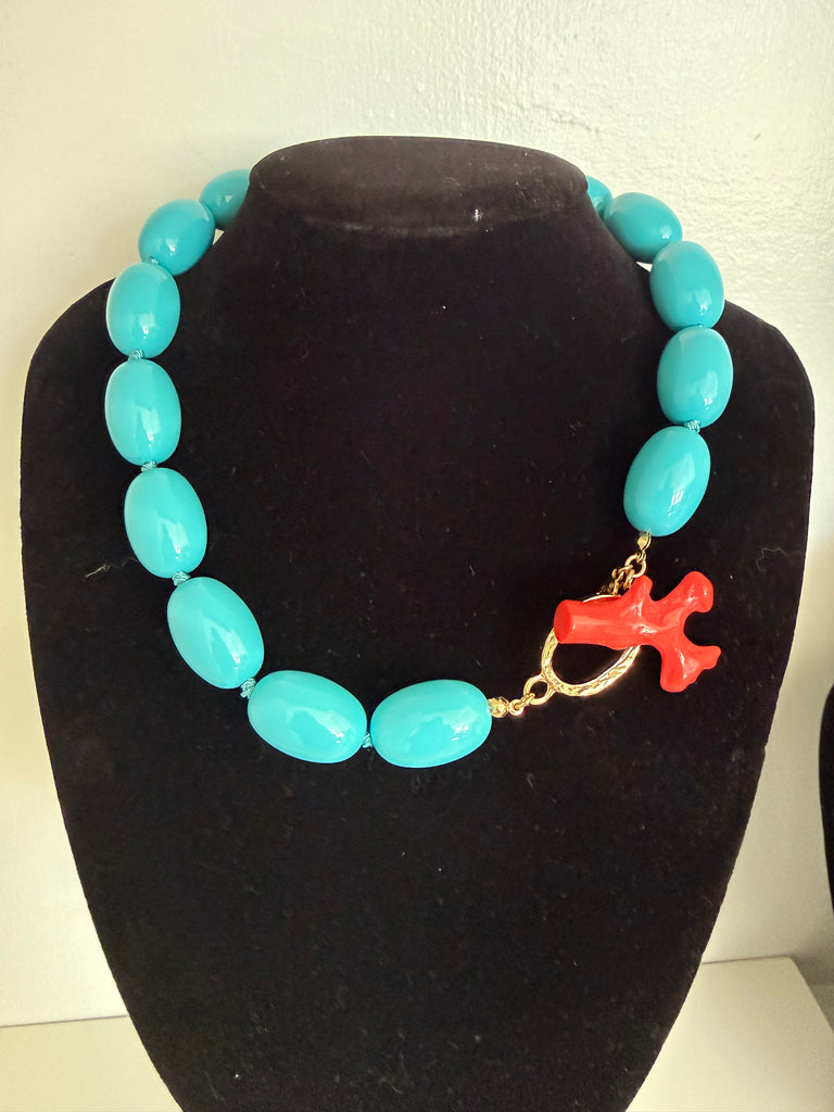 Kenneth Jay Lane Turquoise Beaded Necklace with Coral Toggle Closure