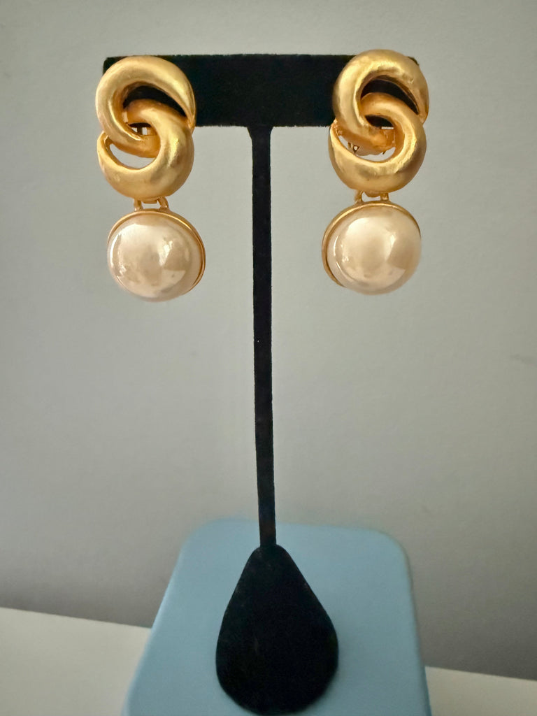 Kenneth Jay Lane Pearl & Gold Knot Clip On Earrings