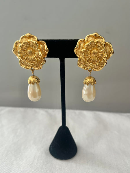 Gold Flower & Pearl Dangle Clip On Earrings