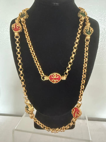 Chanel Green & Red Gripoix Logo Station Necklace