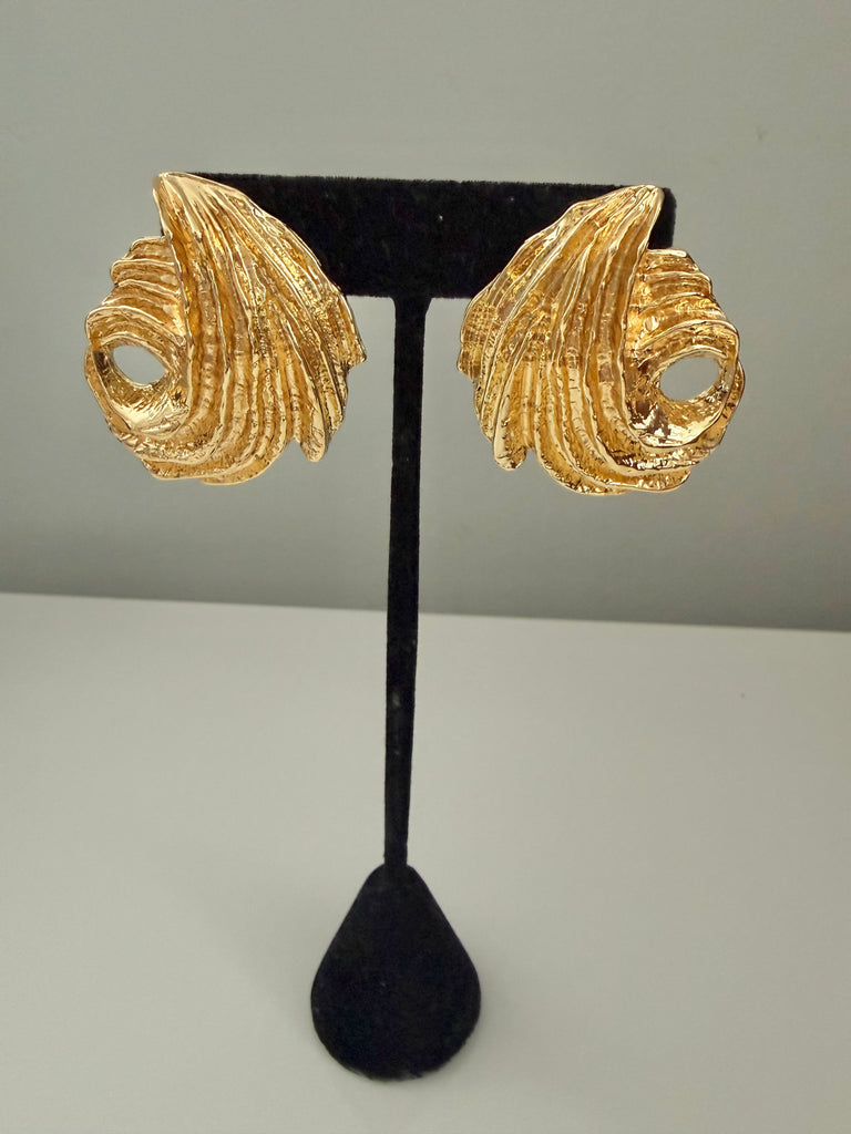 Large Gold Brutalist Earrings /Omega Backs for Pierced Ears