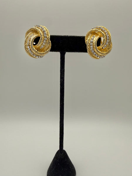 Signed DM Rhinestone Knot Clip On Earrings