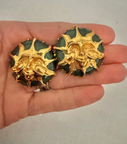 Fendi Large Green Enamel Sun Clip On Earrings