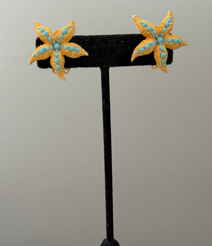 Turquoise Starfish Clip On Earrings