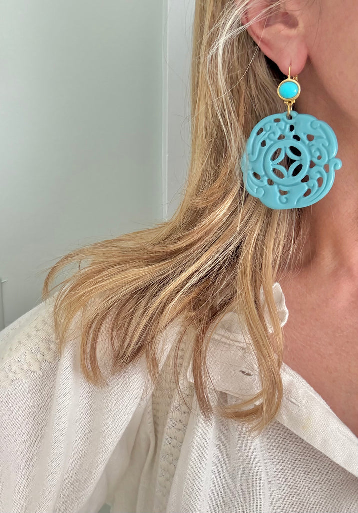 Kenneth Jay Lane Carved Turquoise Resin Earrings for Pierced Ears