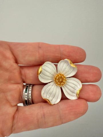 Trifari White Enamel Dogwood Brooch