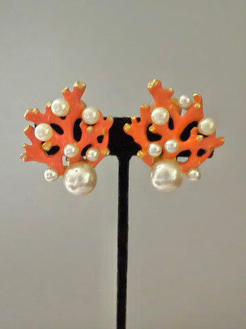 Kenneth Jay Lane Coral Enamel & Pearl Clip On Earrings
