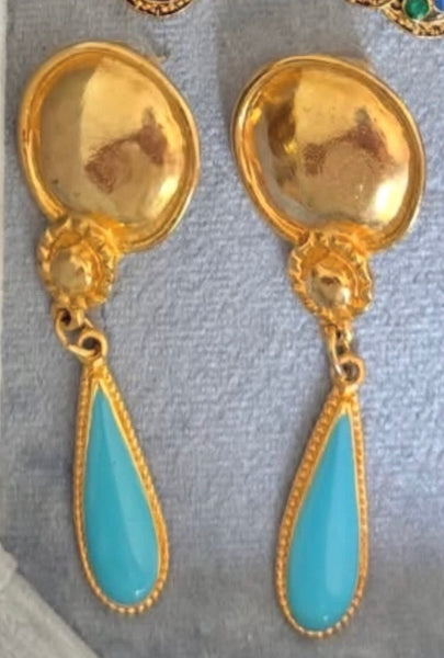 Reserved: Napier Matte Gold Glass Cabochon Collar Necklace & Turquoise Earrings