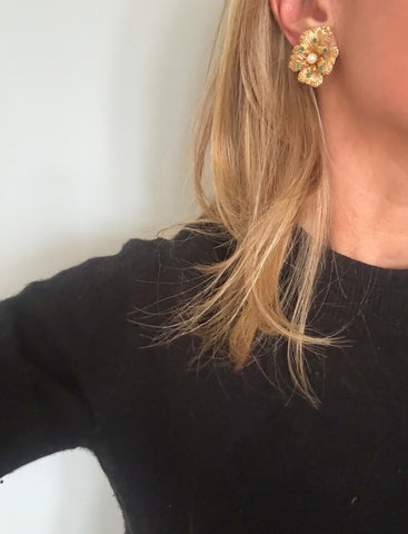 Gold Flower Clip On Earrings with Pearl and Emerald Accents