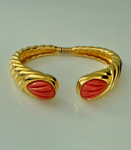 Kenneth Jay Lane Carved Lucite Coral Clamper Bracelet