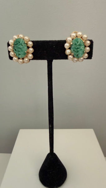 Marvella Green Resin and Faux Pearl Clip On Earrings