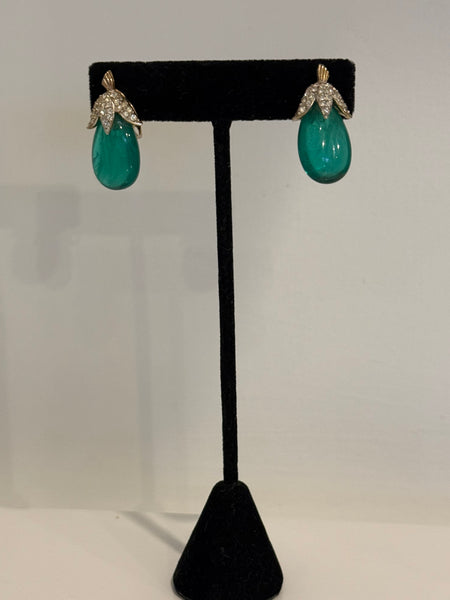 Marvella Green Glass Rhinestone Clip On Drop Earrings