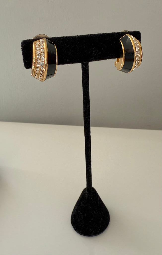 Dior Black Enamel & Rhinestone Clip On Earrings