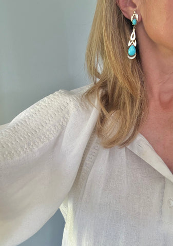 Polcini White Enamel & Turquoise Clip On Earrings