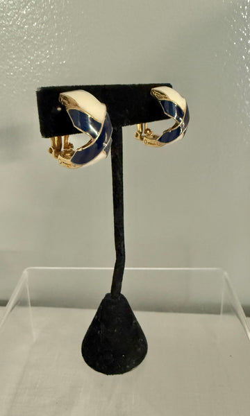 Hill White & Blue Enamel Clip On Earrings