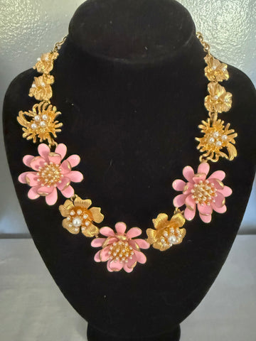 Oscar de la Renta Pink Enamel & Gold Flower Necklace