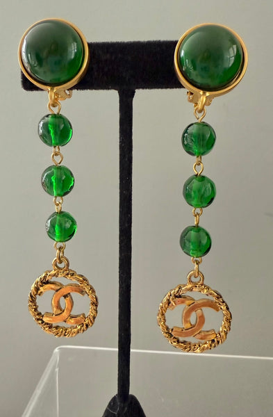 Chanel Green Gripoix Dangle Clip On Earrings
