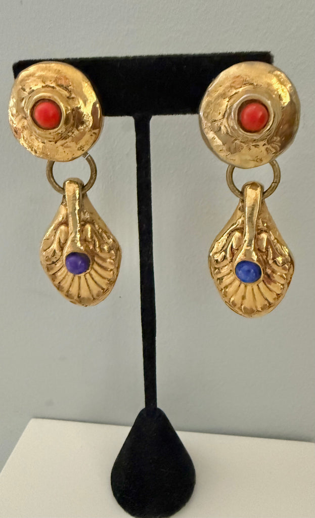 French Gold Clip On Earrings with Cabochon Detail