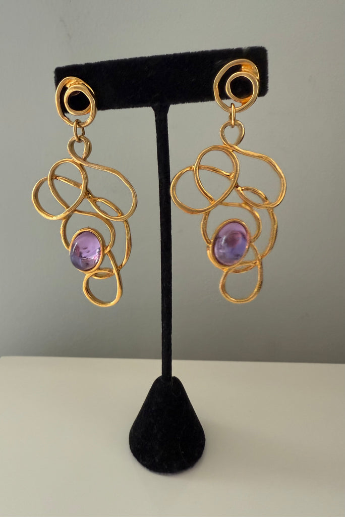 Gold Plated & Glass Amethyst Post Dangle Earrings