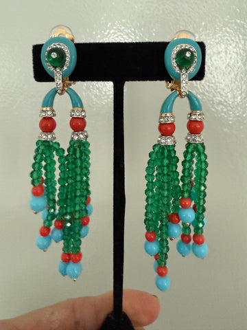 Contemporary Green, Turquoise and Coral Tassel Clip On Earrings