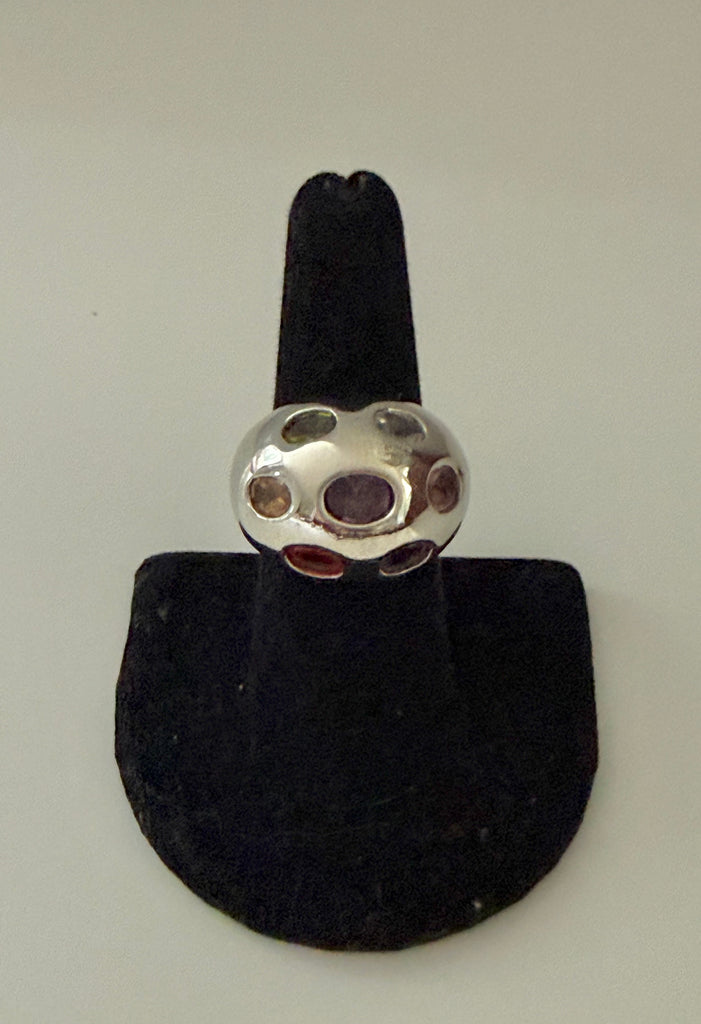Silver Plated Bombe Ring with Stones Size 8