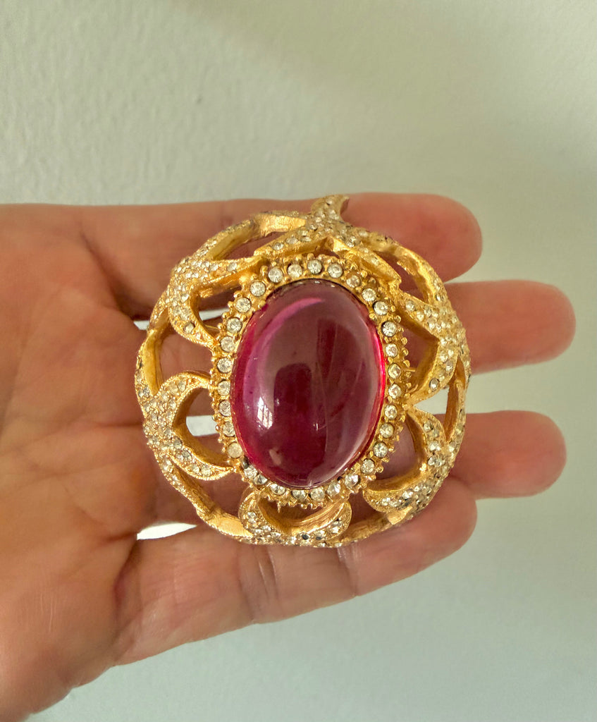 Cadoro Pink Cabochon Dome Brooch with Rhinestone Starfish