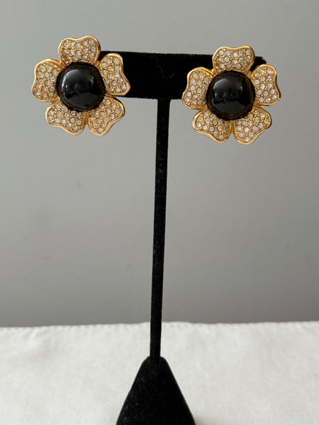 Rhinestone & Black Glass Flower Clip On Earrings