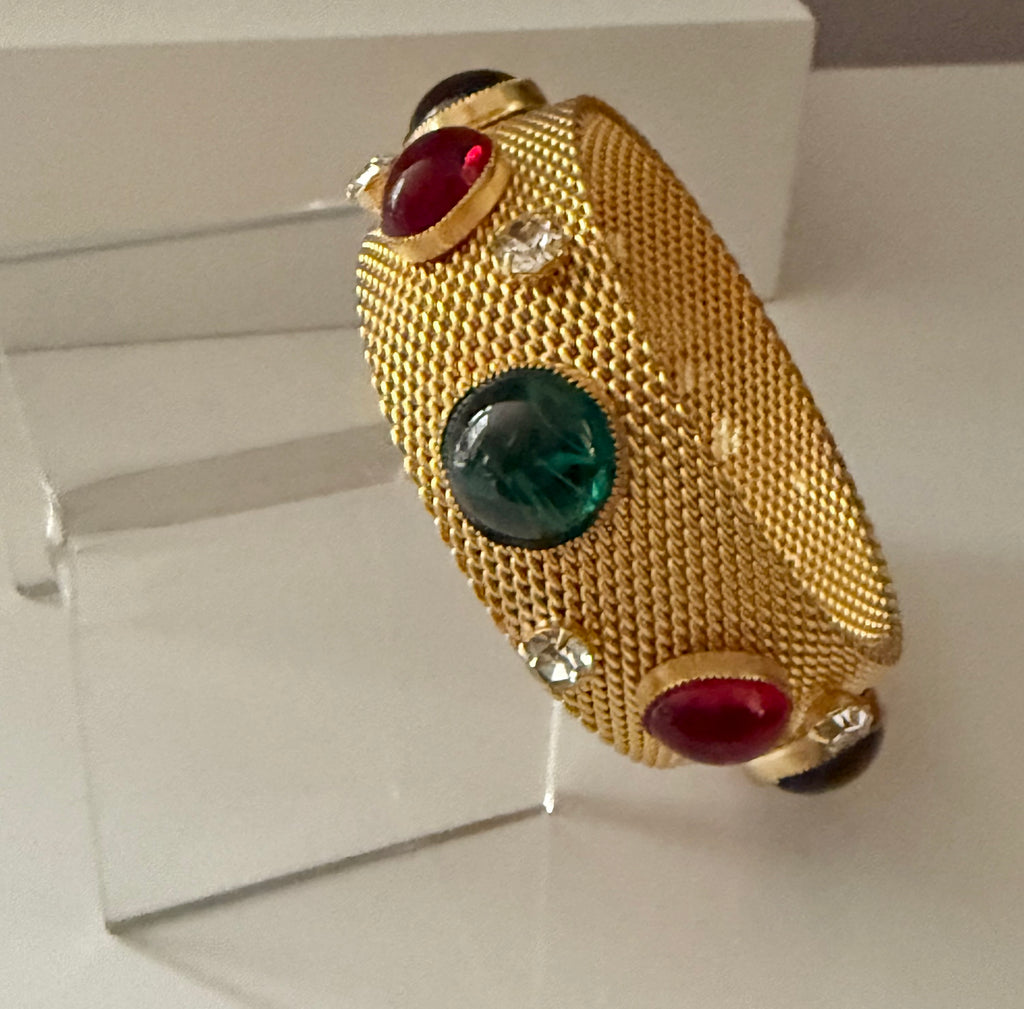 Mesh Bangle Bracelet with Green & Red Cabochons
