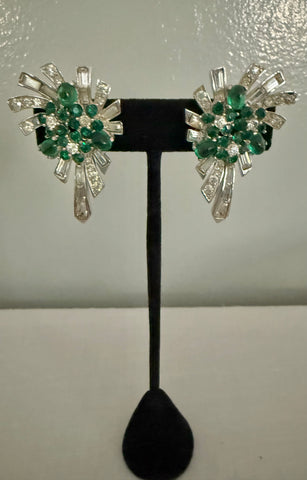Boucher Green Rhinestone Flower Clip On Earrings