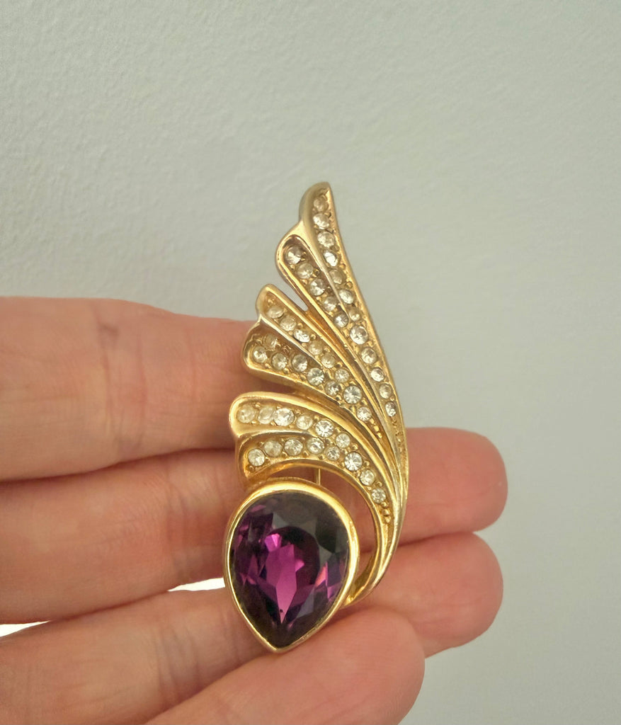 Christian Dior Gold Plated Amethyst Rhinestone Brooch