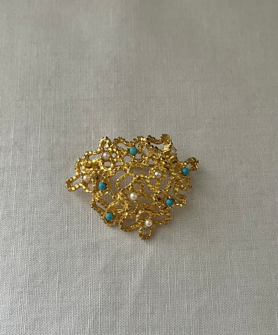 Brutalist Turquoise & Pearl Brooch