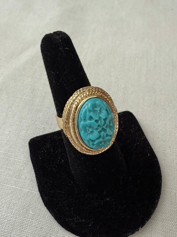 Carved Resin Turquoise Ring Size 7.5