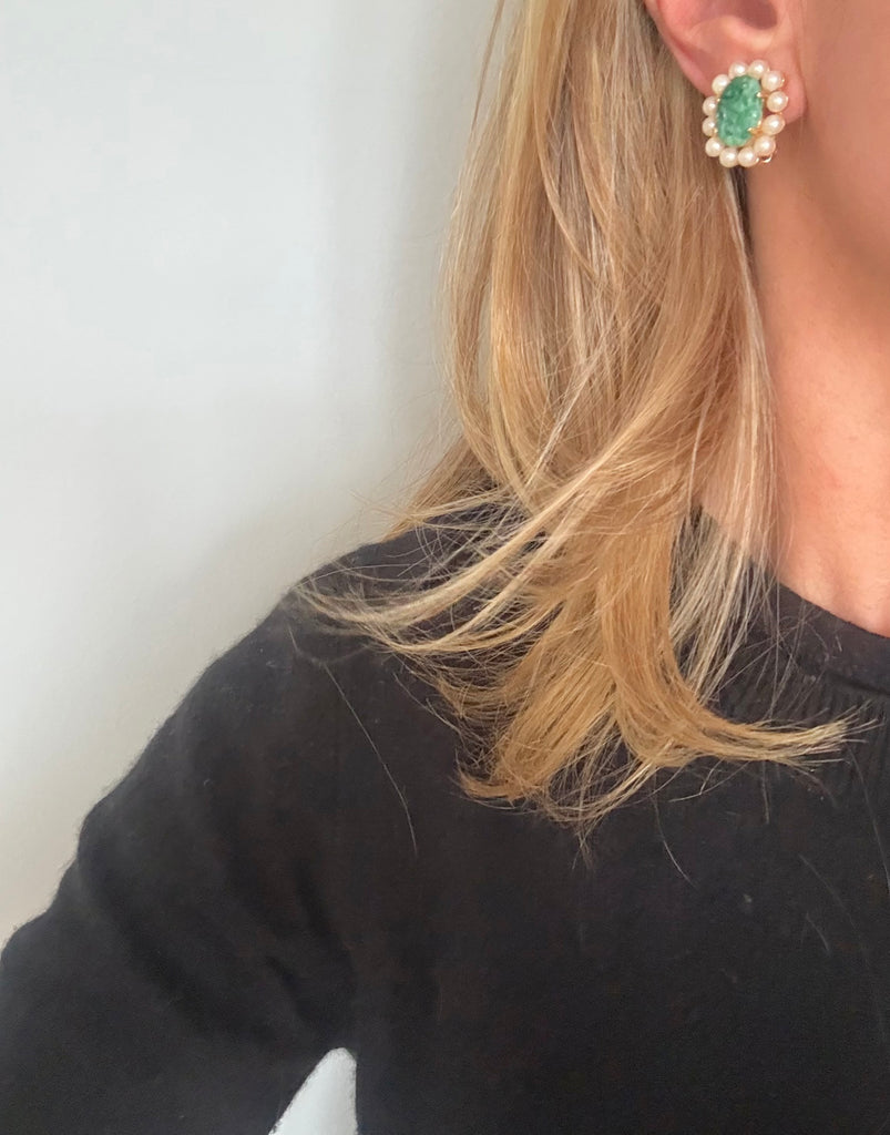 Marvella Green Resin and Faux Pearl Clip On Earrings