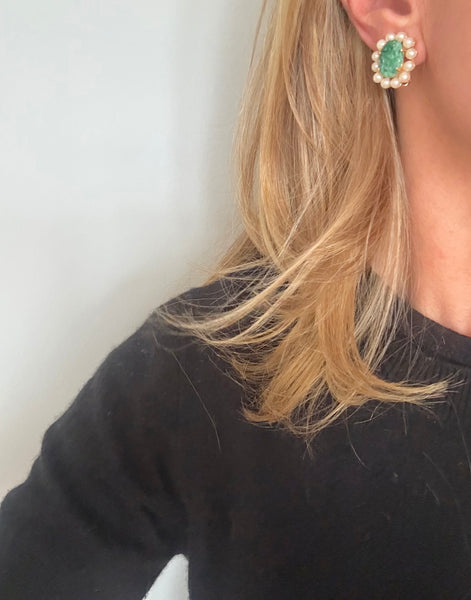 Marvella Green Resin and Faux Pearl Clip On Earrings