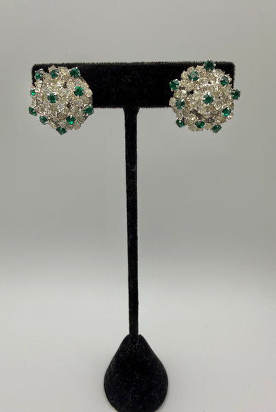 Vendome Rhinestone & Emerald Clip On Flower Earrings