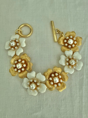 Oscar de la Renta White Enamel & Gold Flower Bracelet