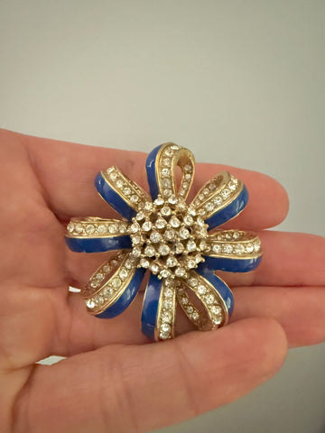 Ciner Blue Enamel & Rhinestone Bow Brooch