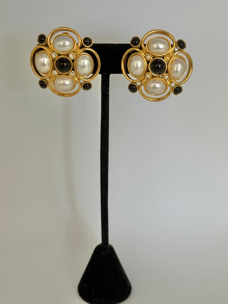 Pearl Clip On Earrings with Black Accents